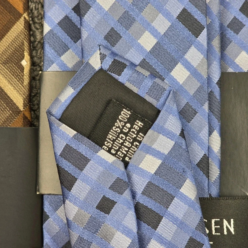 Van Heusen Silk Tie Set Mens Brown Blue Geometric Plaid Stain Resistant OS